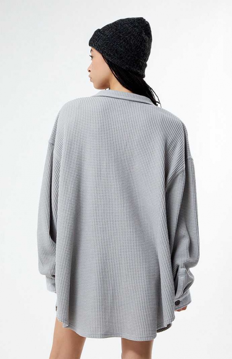 GRAY PacSun Waffle Boyfriend Button Up Lounge Shacket | GBNEXWA-65