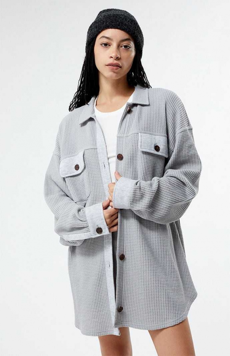 GRAY PacSun Waffle Boyfriend Button Up Lounge Shacket | GBNEXWA-65