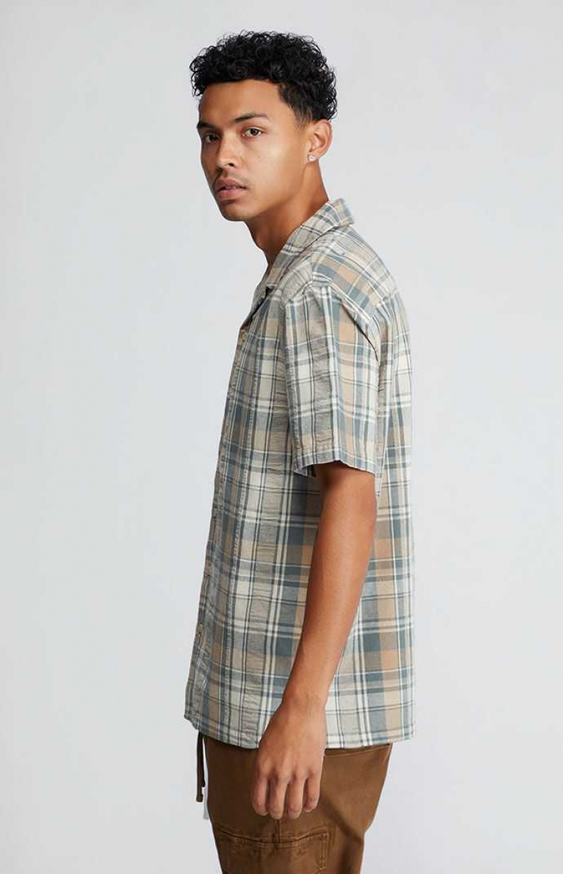 GREEN/BROWN PacSun Green & Brown Plaid Button Down Shirt | CJQELFR-09