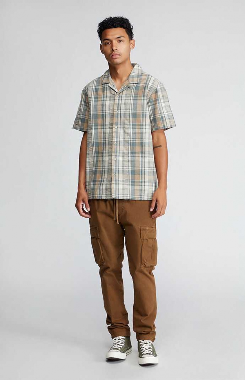 GREEN/BROWN PacSun Green & Brown Plaid Button Down Shirt | CJQELFR-09