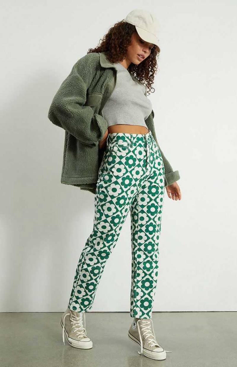 GREEN/WHITE PacSun Green & White Daisy High Waisted Straight Leg Jeans | ORHKMGJ-65