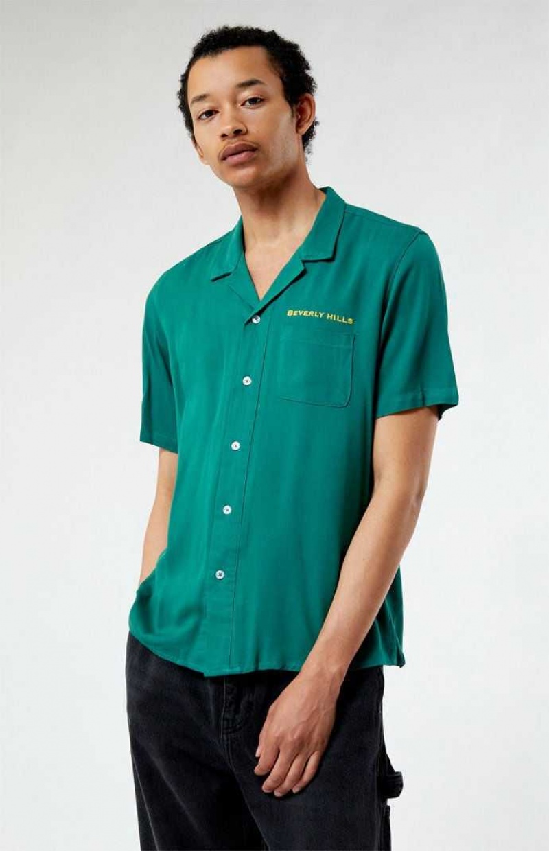 GREEN PacSun Beverly Hills Embroidered Camp Shirt | REUMIWH-50