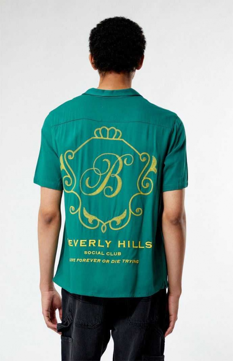 GREEN PacSun Beverly Hills Embroidered Camp Shirt | REUMIWH-50