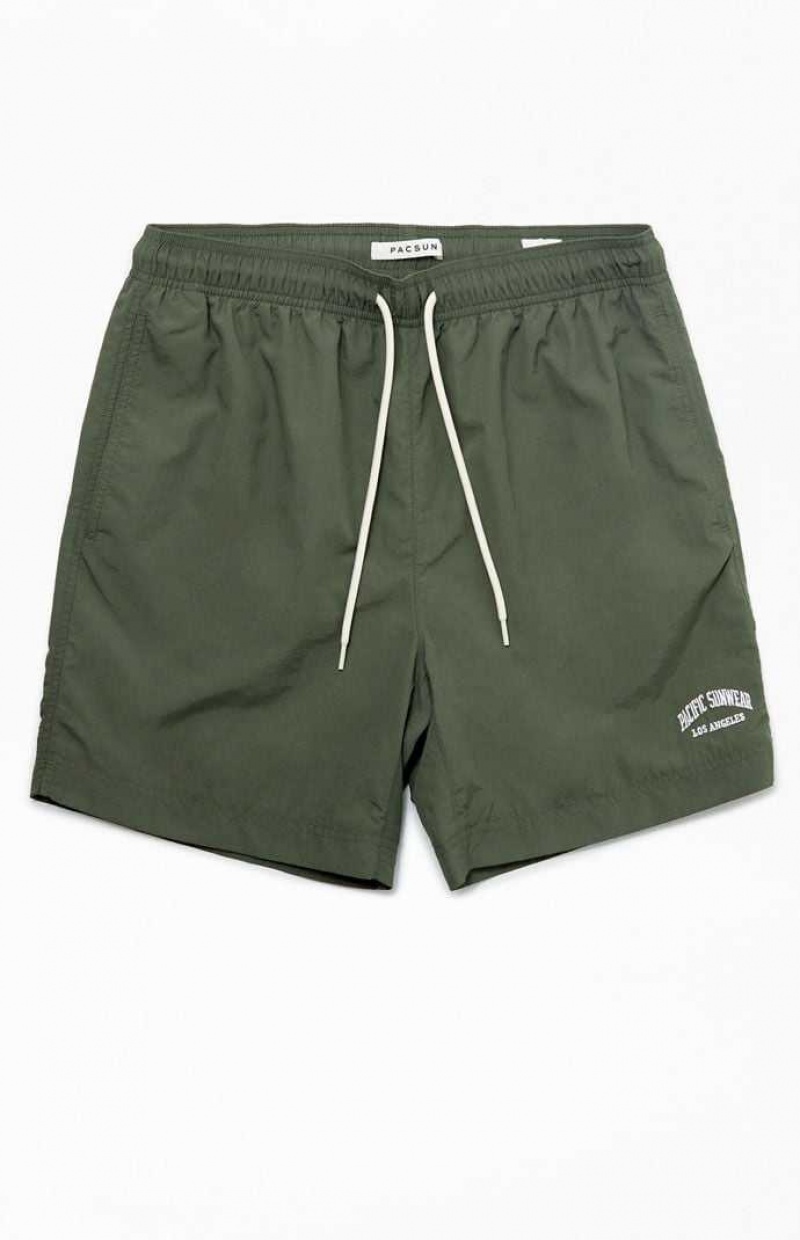 GREEN PacSun Green Nylon Collegiate 6.5" Swim Trunks | CZUJFTI-49