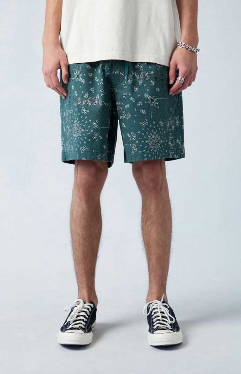 GREEN PacSun Green Reed Printed Twill Volley Shorts | PGUBLCI-94