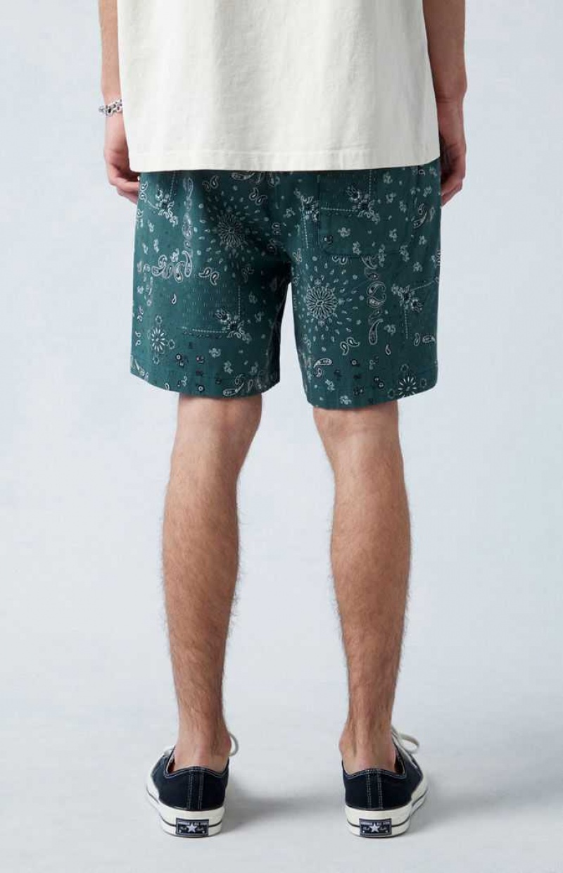 GREEN PacSun Green Reed Printed Twill Volley Shorts | PGUBLCI-94