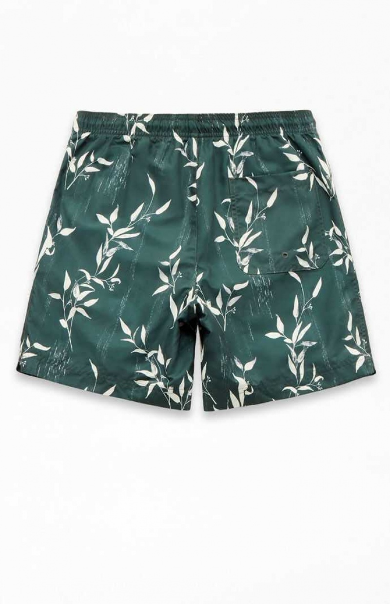 GREEN PacSun Leaf Print 6.5" Swim Trunks | ZTESFWJ-43