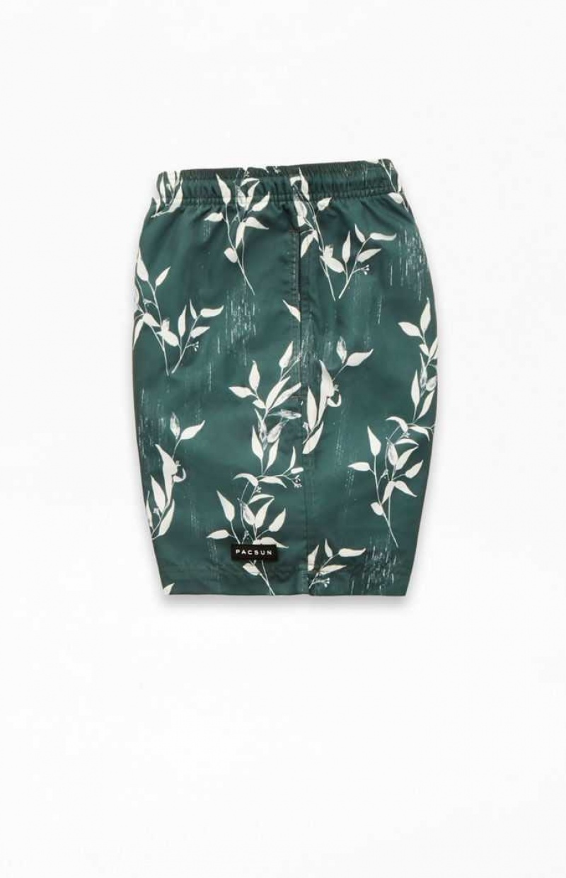 GREEN PacSun Leaf Print 6.5" Swim Trunks | ZTESFWJ-43