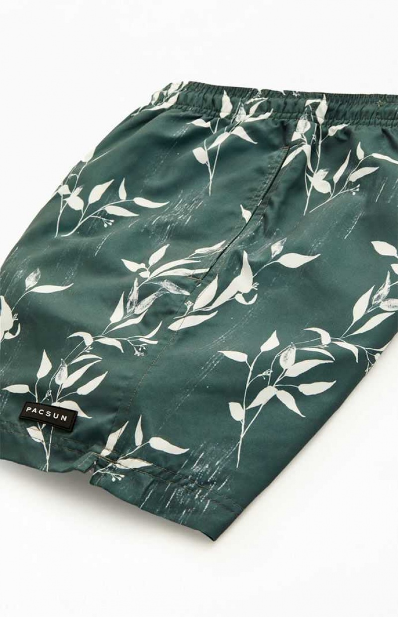 GREEN PacSun Leaf Print 6.5" Swim Trunks | ZTESFWJ-43