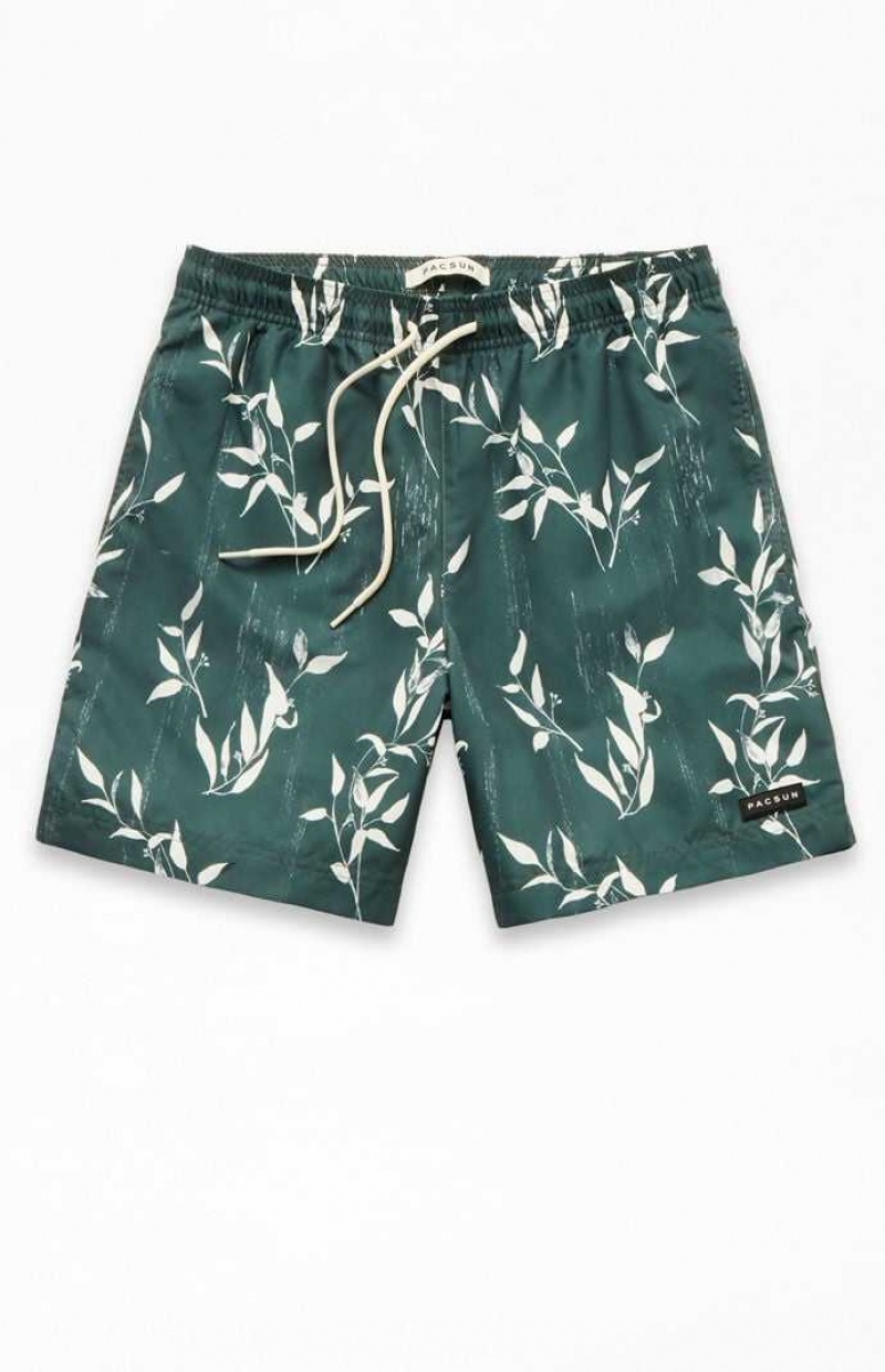 GREEN PacSun Leaf Print 6.5" Swim Trunks | ZTESFWJ-43