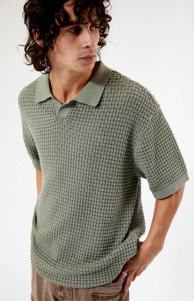 GREEN PacSun Olive Open Knit Polo Shirt | EMTJOCN-45