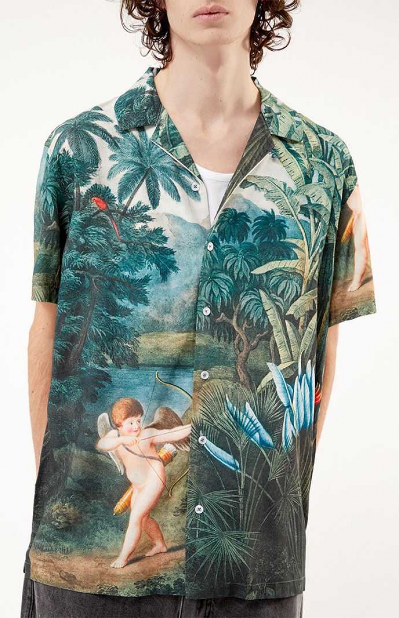 GREEN PacSun Still Life Button Down Shirt | IBZLRUV-87