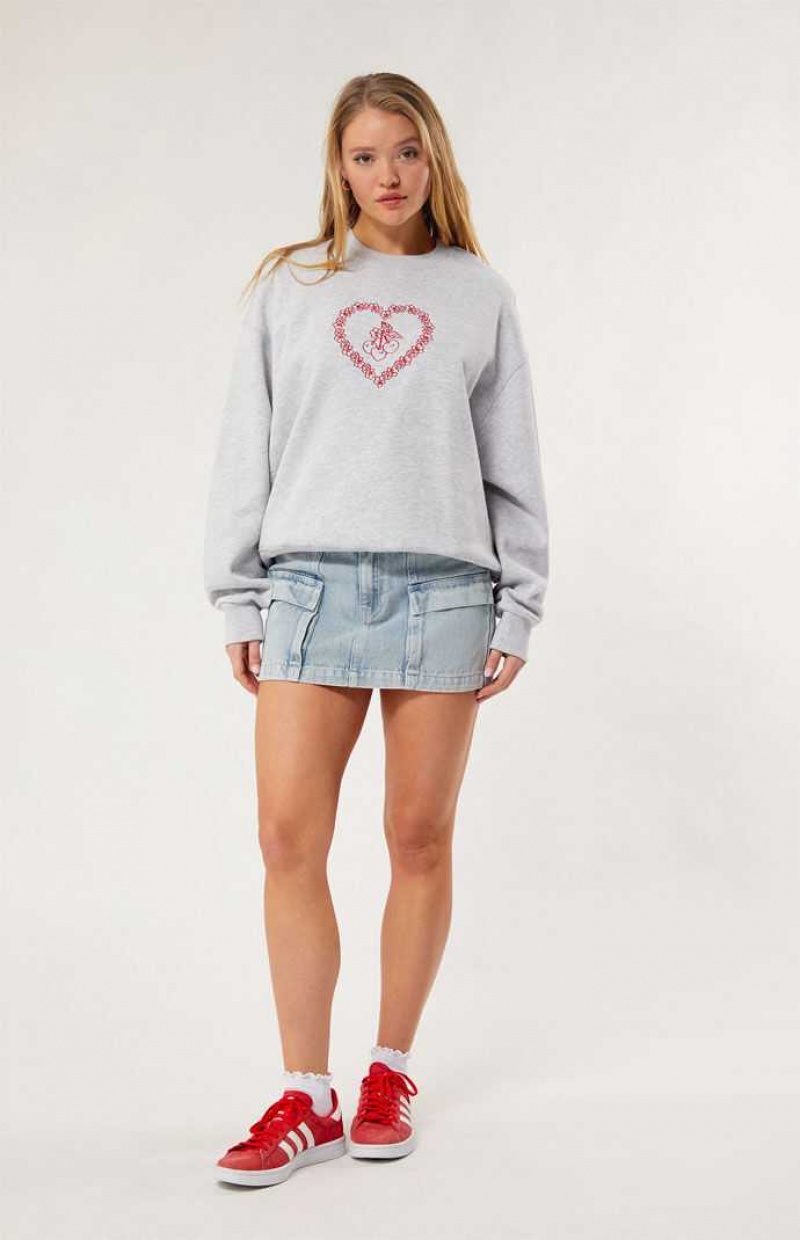 HEATHER GREY PacSun Luv & Cherries Crew Neck Sweatshirt | DNPUIXJ-72