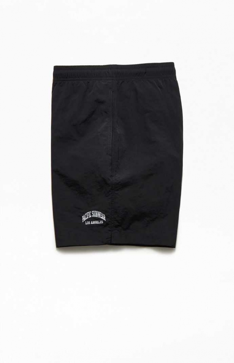 JET BLACK PacSun Nylon Collegiate 6.5" Swim Trunks | QBPVOIE-74