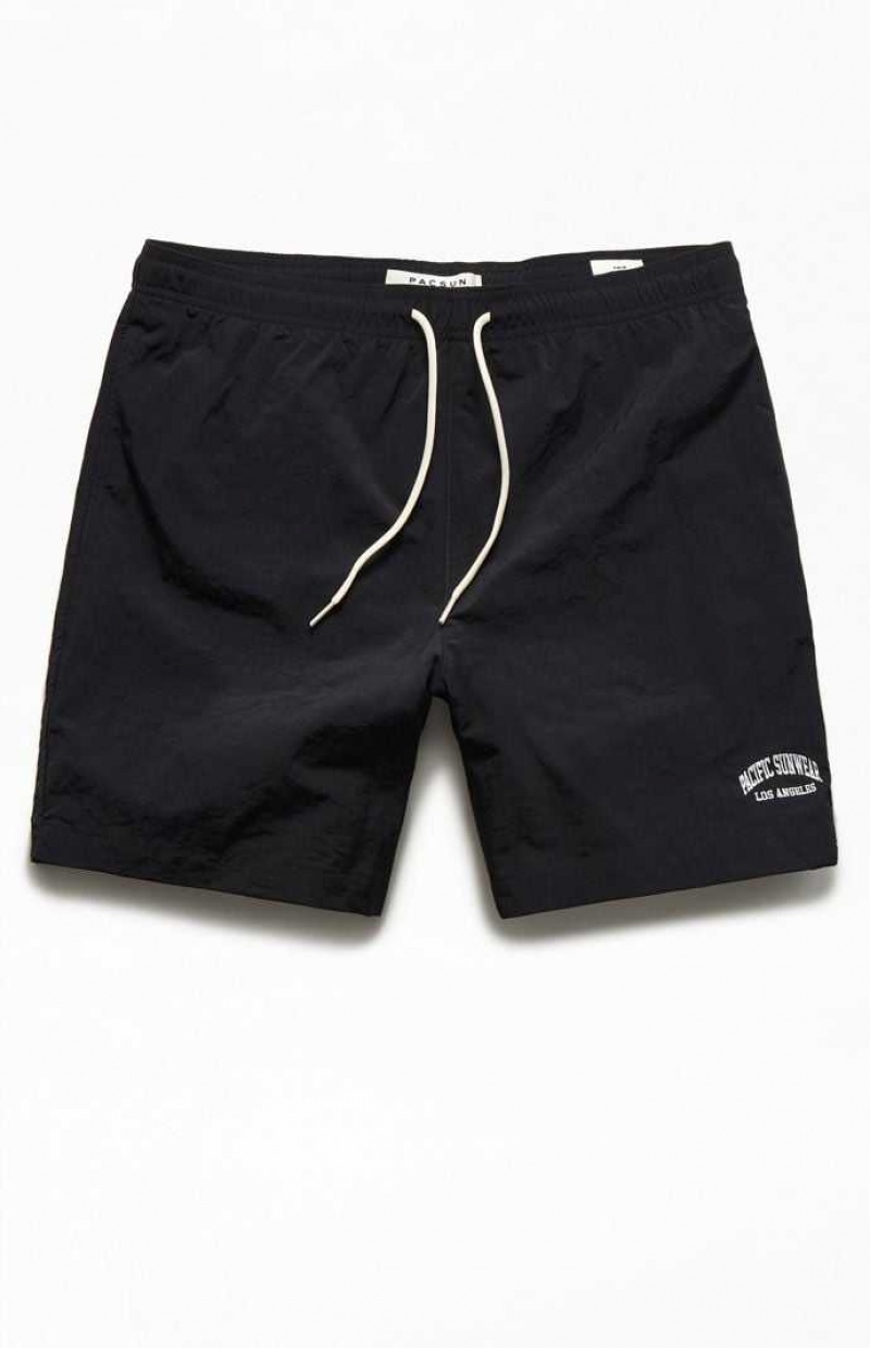 JET BLACK PacSun Nylon Collegiate 6.5" Swim Trunks | QBPVOIE-74