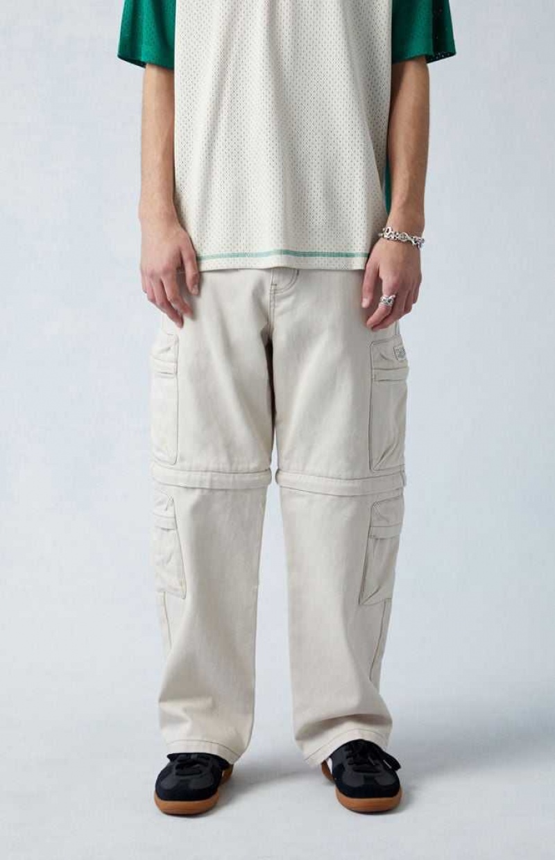 KHAKI PacSun Cream Baggy Cargo Zip-Off Jeans | HXUOQMV-85