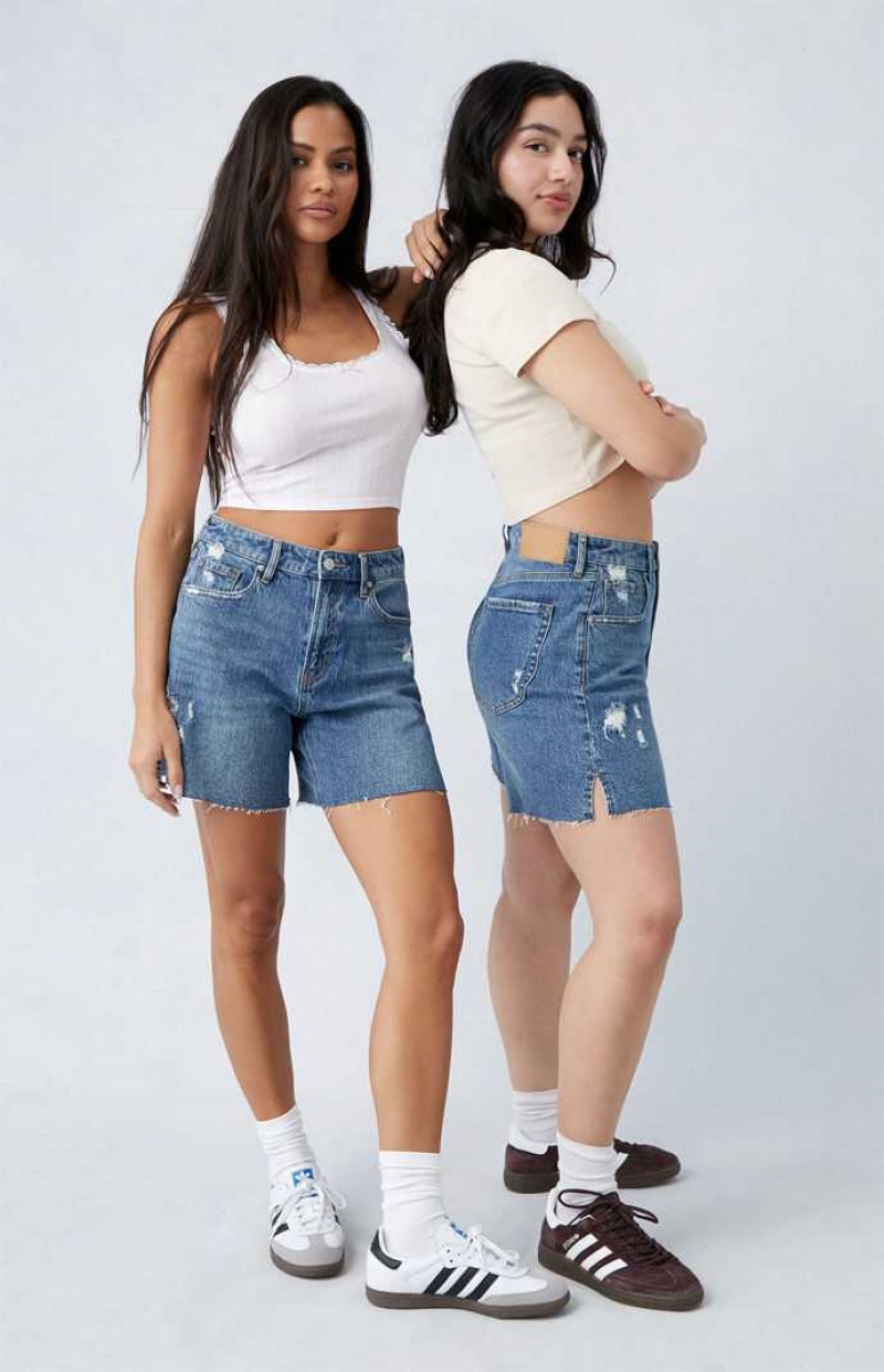 LIGHT INDIGO PacSun Stretch Dark Indigo Ripped Curve Baggy Denim Shorts | MQRLVWO-36