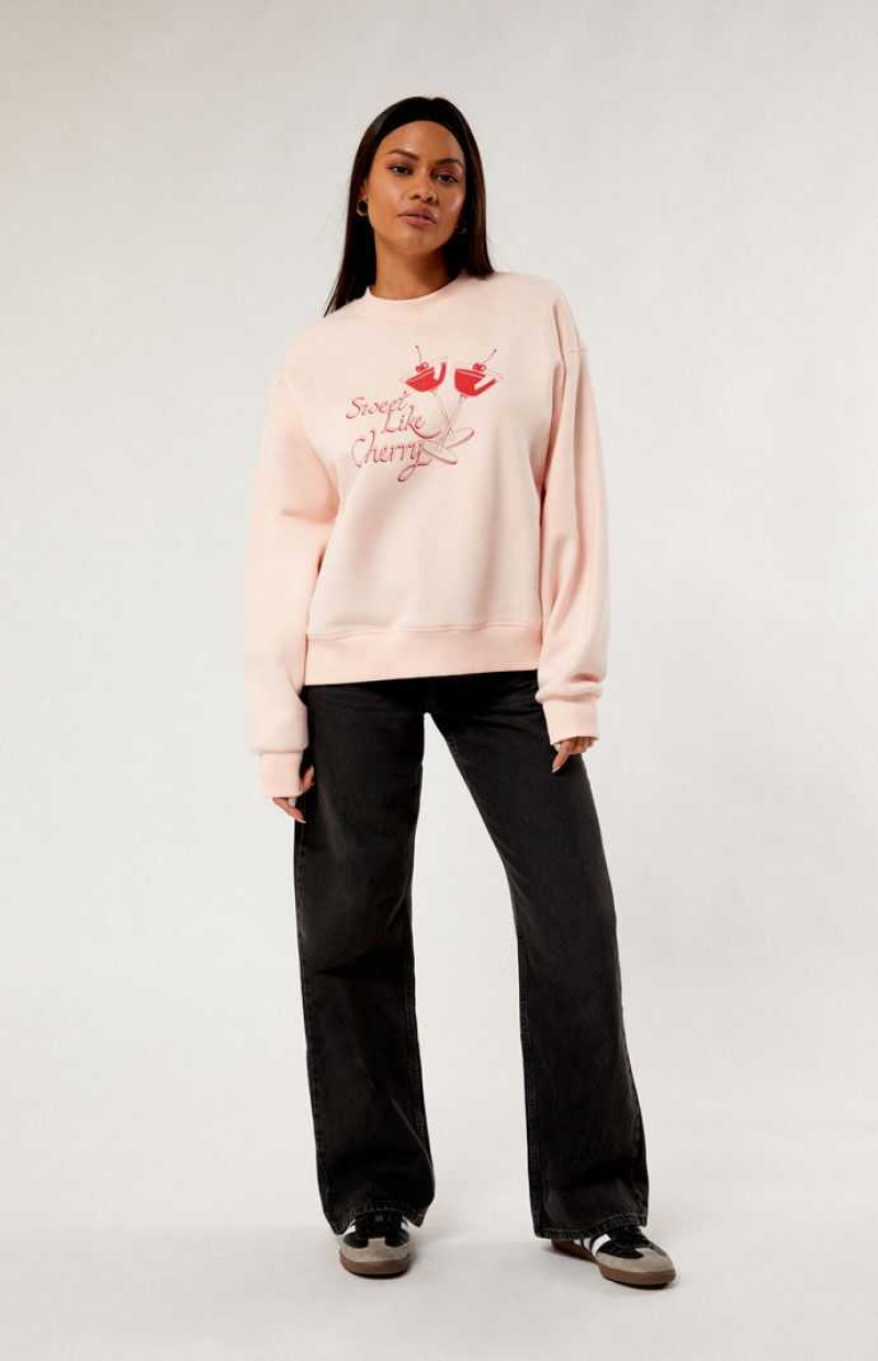 LIGHT PINK PacSun Cherry Cocktail Crew Neck Sweatshirt | GXVQUBL-94