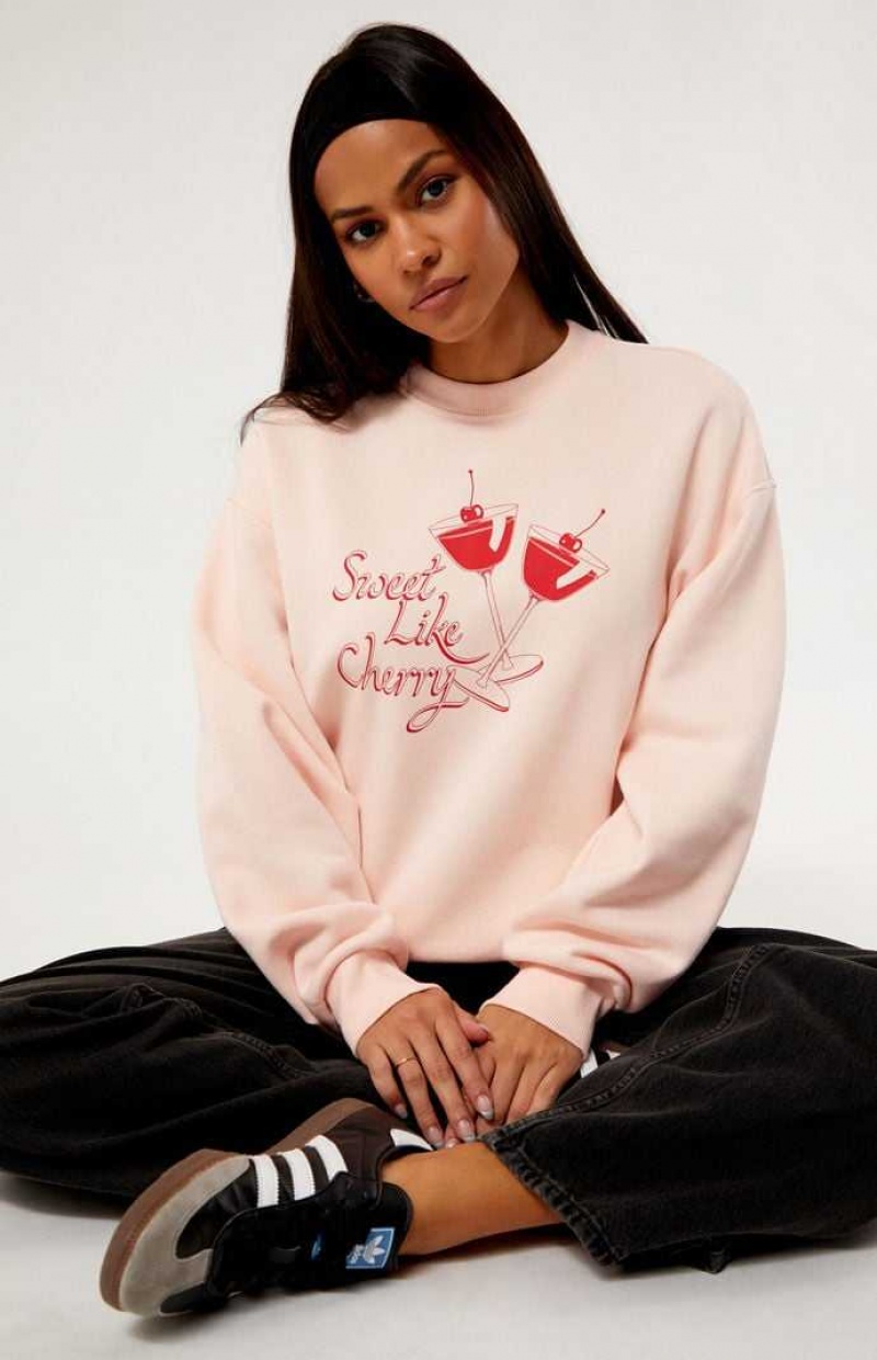 LIGHT PINK PacSun Cherry Cocktail Crew Neck Sweatshirt | GXVQUBL-94