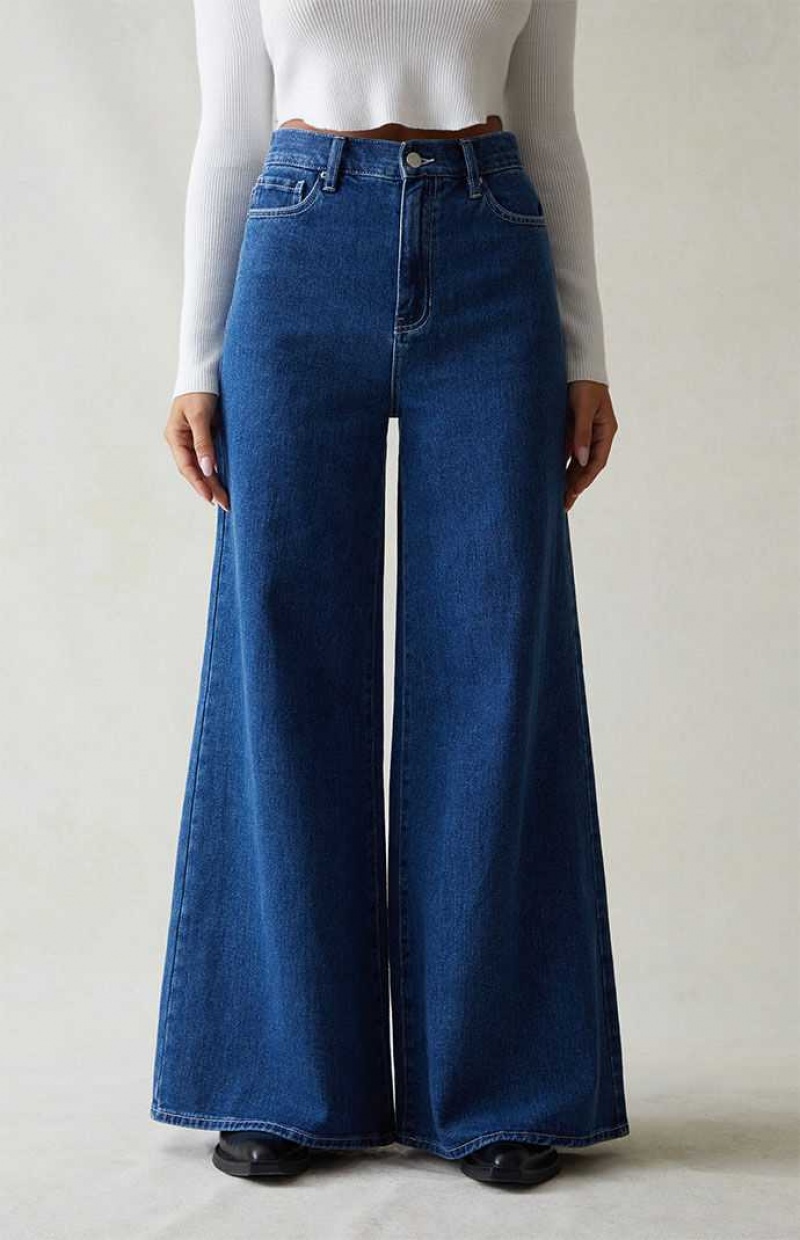 MEDIUM INDIGO PacSun Dark Blue Extreme Wide Leg Jeans | BGZAQIE-62