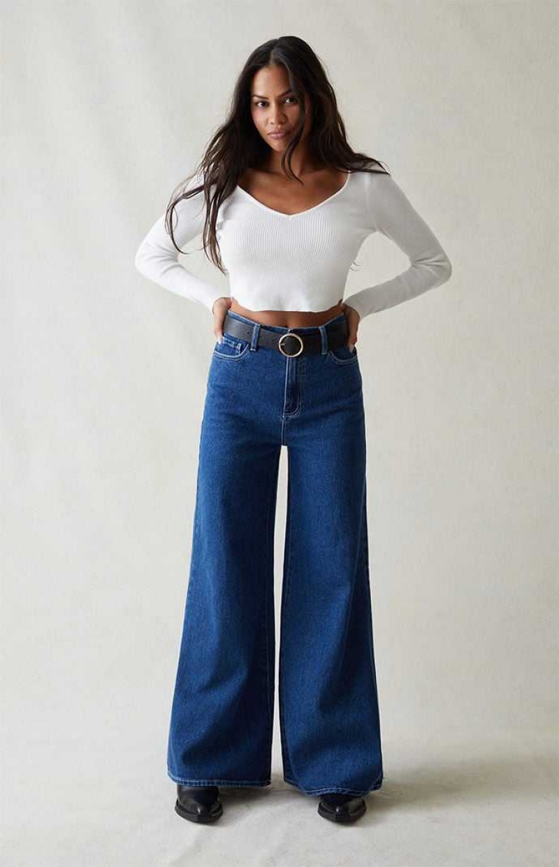 MEDIUM INDIGO PacSun Dark Blue Extreme Wide Leg Jeans | BGZAQIE-62