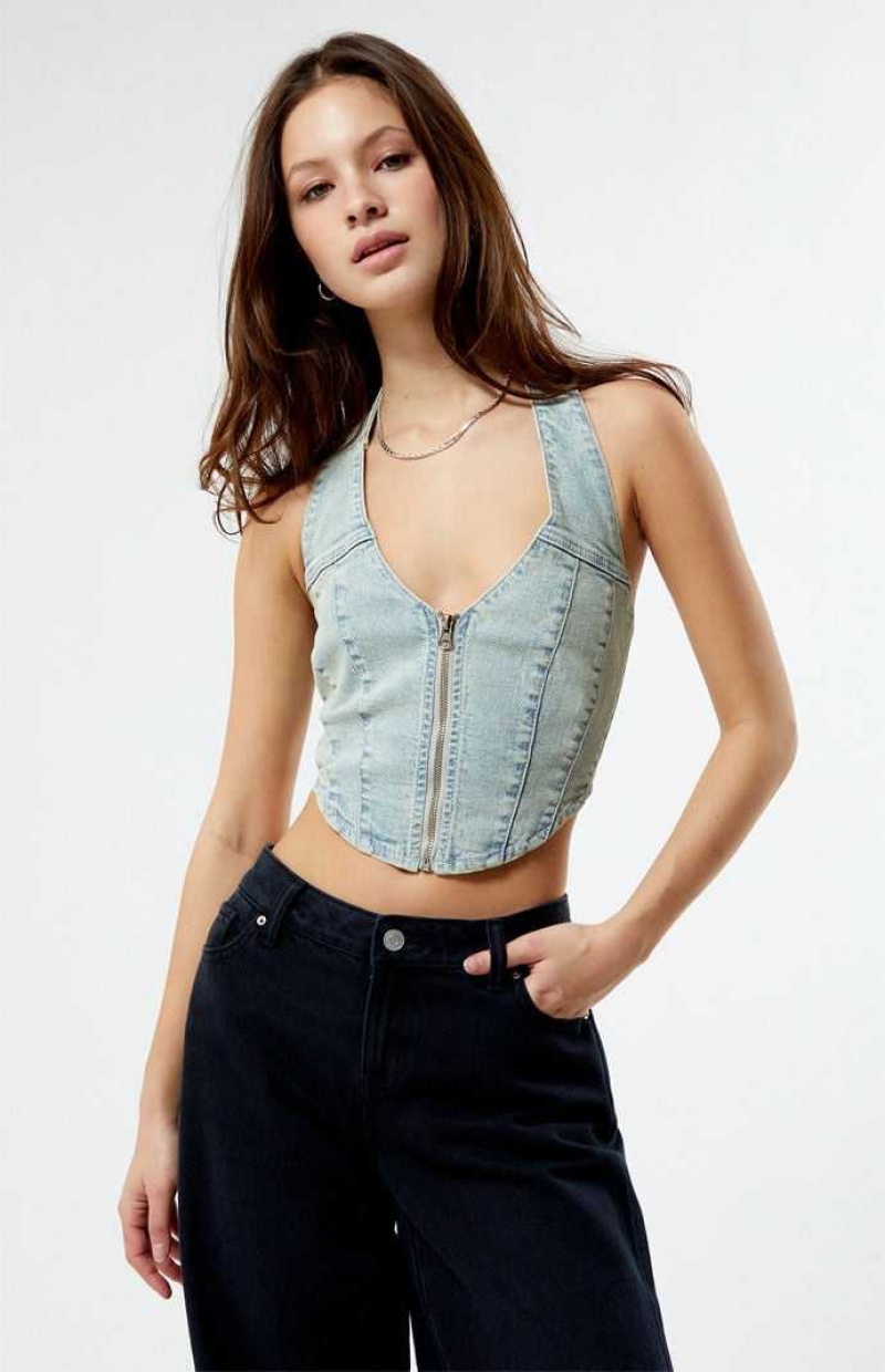 MEDIUM INDIGO PacSun Denim Halter Corset Vest | TMUXZHW-60