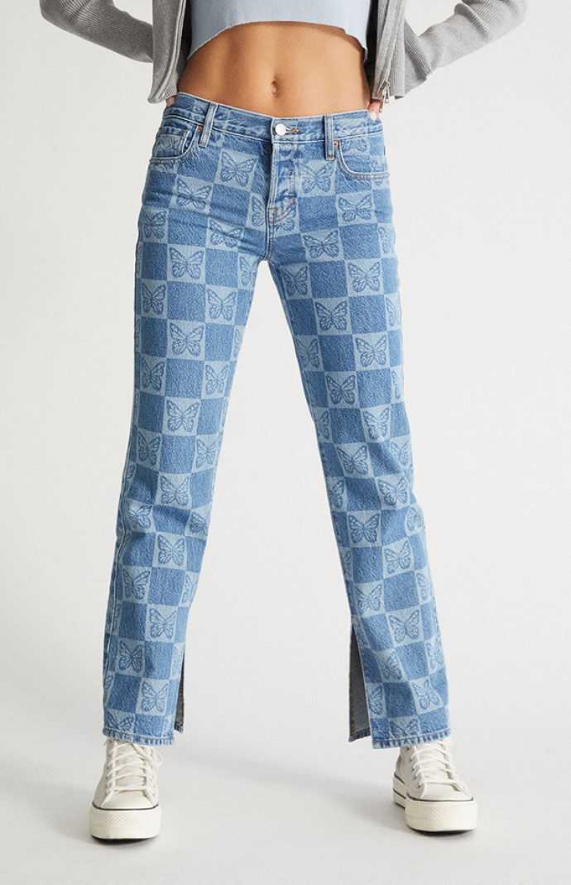 MEDIUM INDIGO PacSun Eco Butterfly Checkerboard Low Rise Straight Leg Jeans | JWVNZCM-01