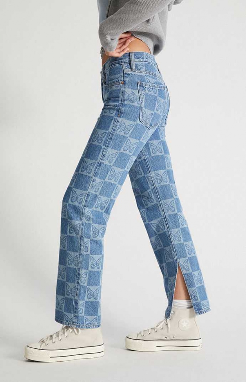 MEDIUM INDIGO PacSun Eco Butterfly Checkerboard Low Rise Straight Leg Jeans | JWVNZCM-01