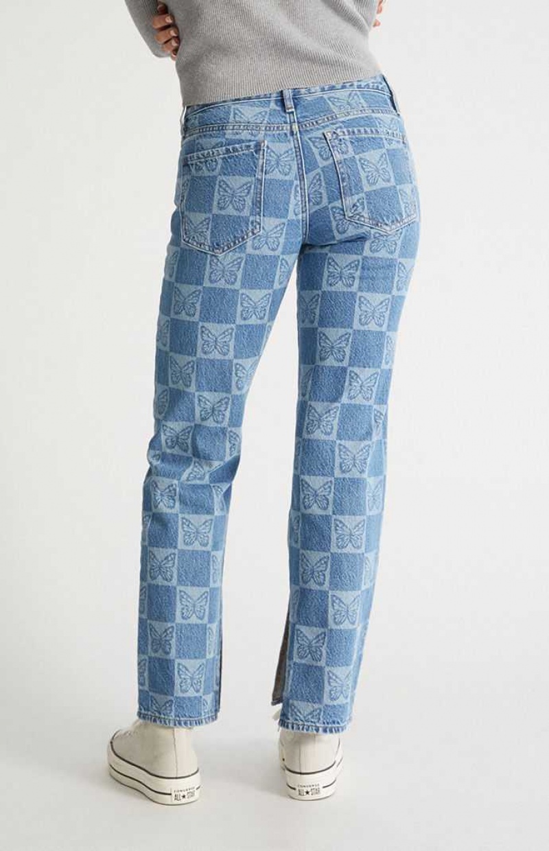 MEDIUM INDIGO PacSun Eco Butterfly Checkerboard Low Rise Straight Leg Jeans | JWVNZCM-01