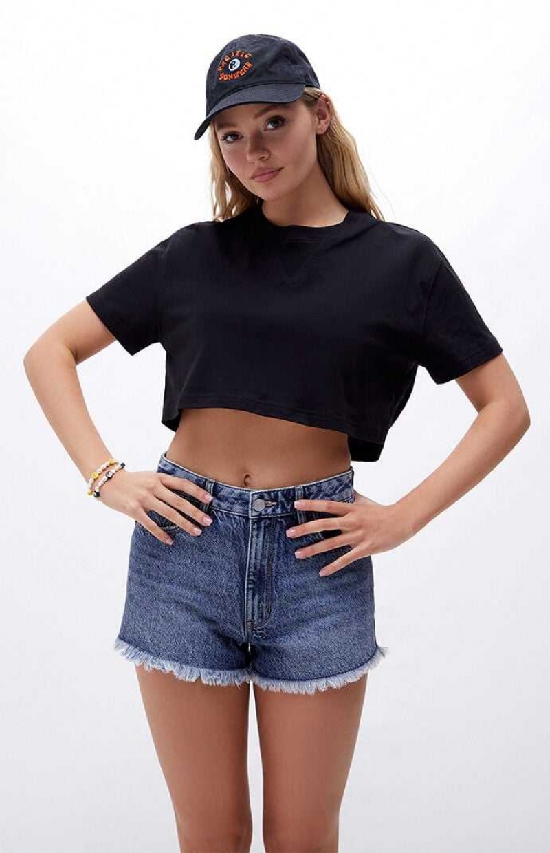 MEDIUM INDIGO PacSun Eco Dark Blue High Waisted Denim Festival Shorts | QEGVASC-96