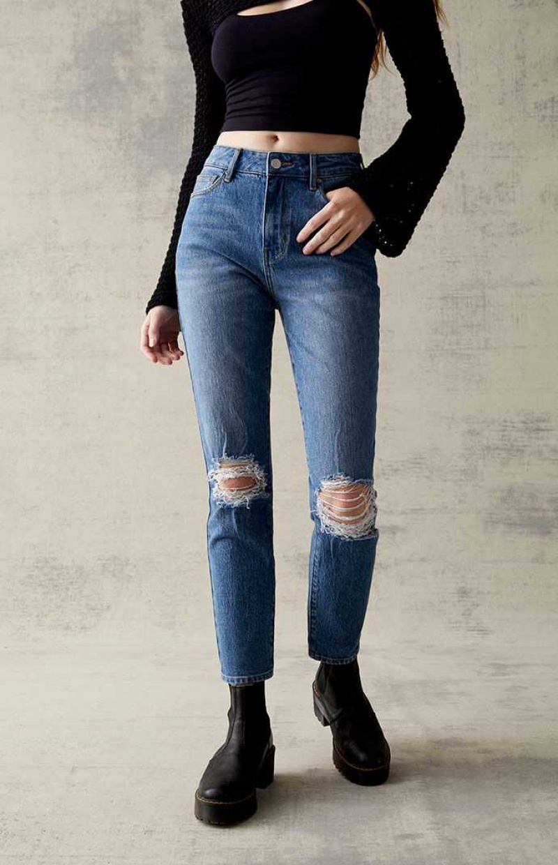 MEDIUM INDIGO PacSun Eco Dark Blue Stretch Ripped Mom Jeans | AFVLUZC-85