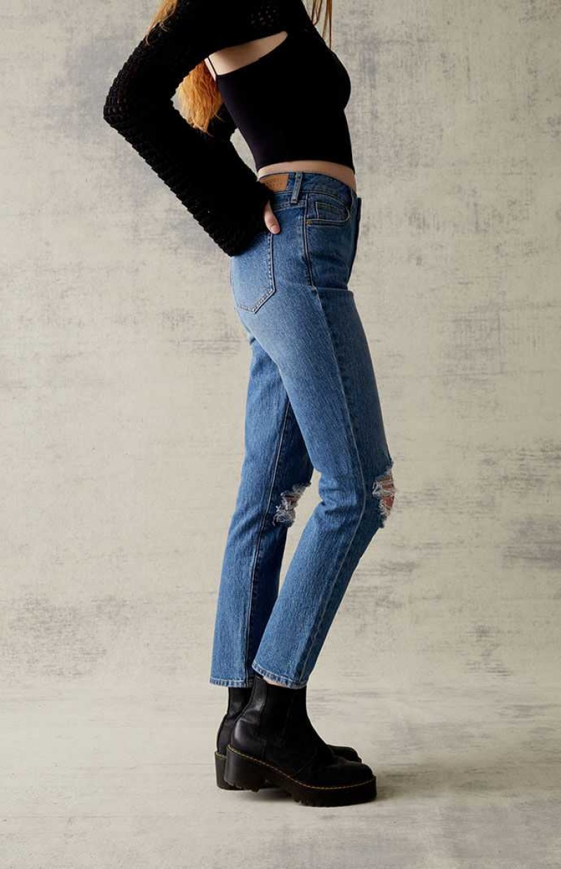 MEDIUM INDIGO PacSun Eco Dark Blue Stretch Ripped Mom Jeans | AFVLUZC-85