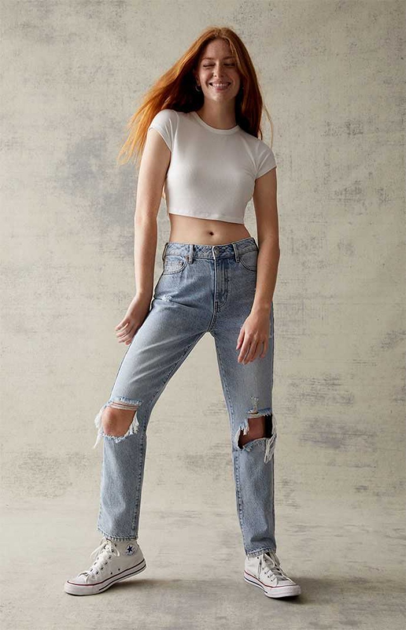 MEDIUM INDIGO PacSun Eco Light Blue Distressed Mom Jeans | HRIKZCB-90