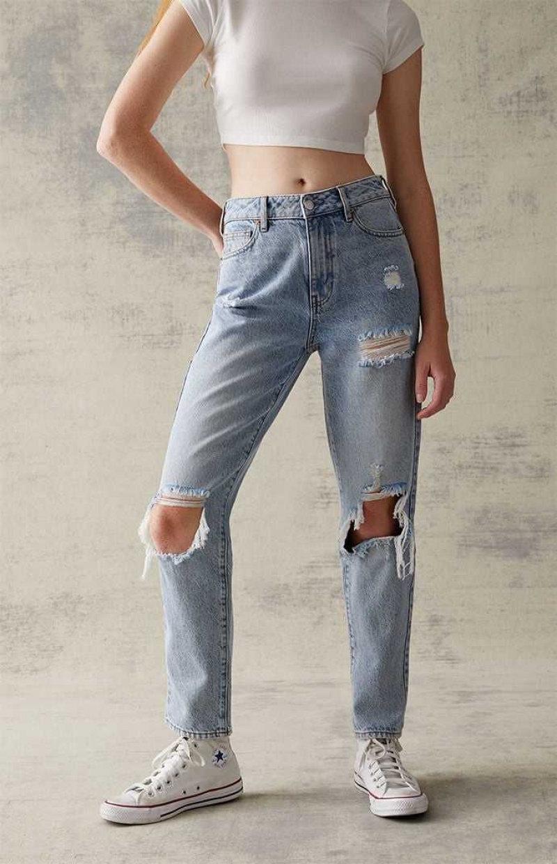 MEDIUM INDIGO PacSun Eco Light Blue Distressed Mom Jeans | HRIKZCB-90