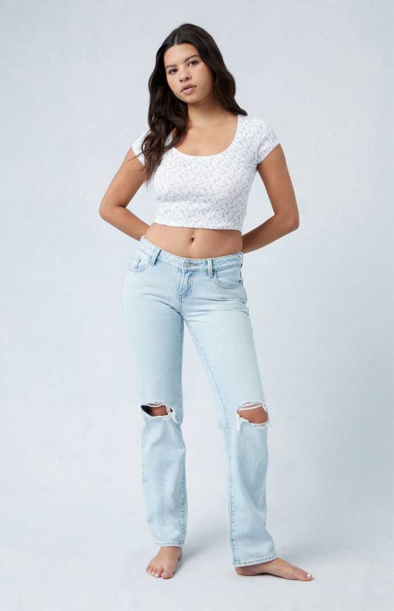 MEDIUM INDIGO PacSun Eco Light Blue Ripped Knee Low Rise Straight Leg Jeans | KIGYXHT-19