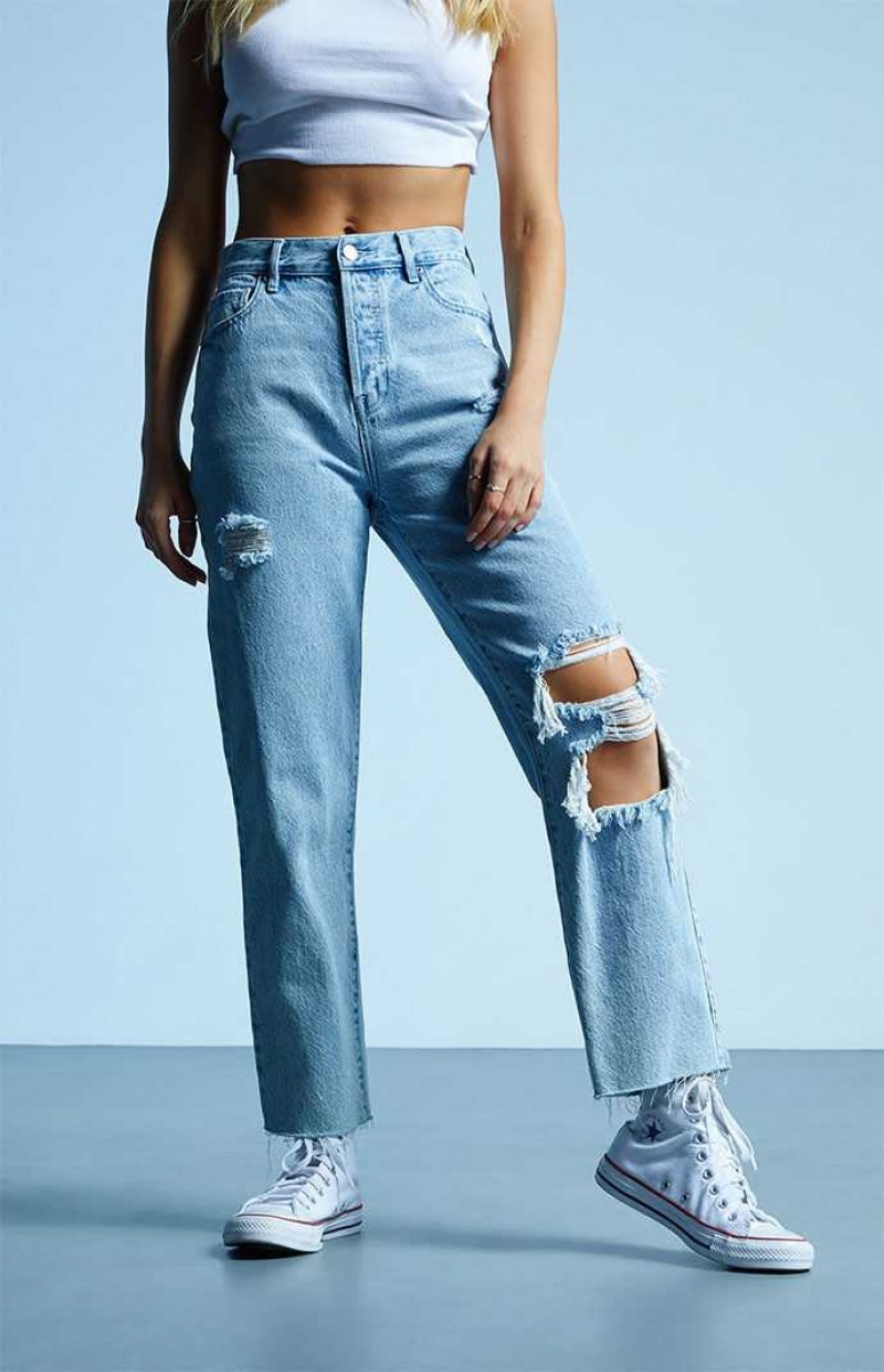 MEDIUM INDIGO PacSun Eco Light Blue Ripped High Waisted Straight Leg Jeans | HOYKLDR-47