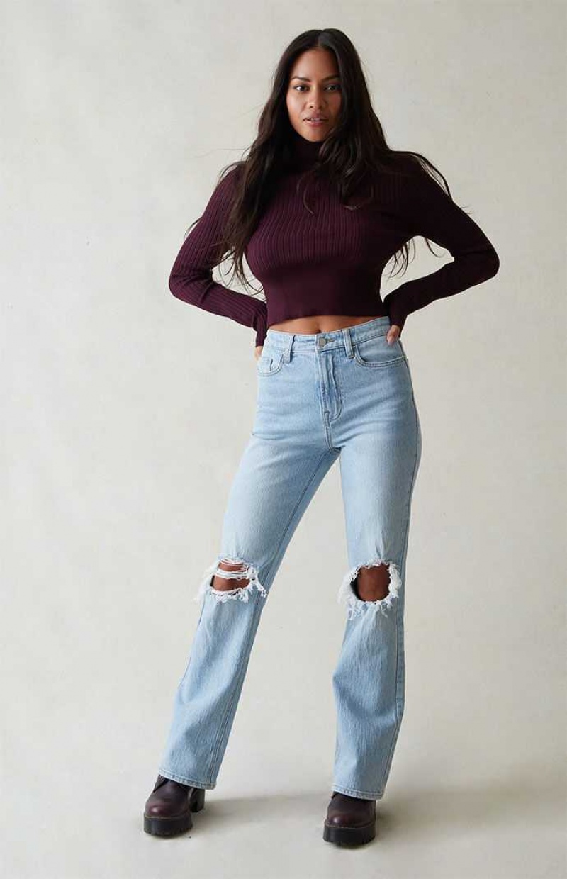 MEDIUM INDIGO PacSun Eco Light Blue Ripped Curve High Waisted Bootcut Jeans | NLSPAET-79