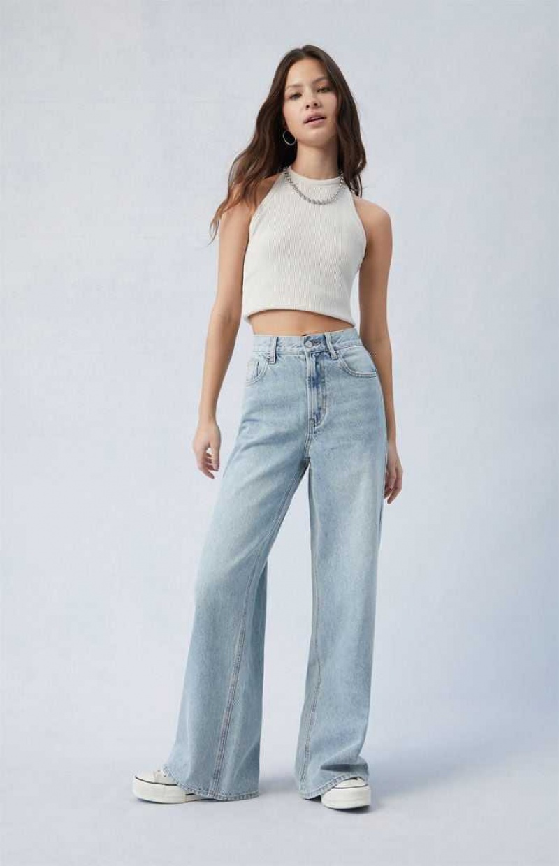 MEDIUM INDIGO PacSun Eco Light Indigo Back Tab Wide Leg Jeans | UIREHOG-61