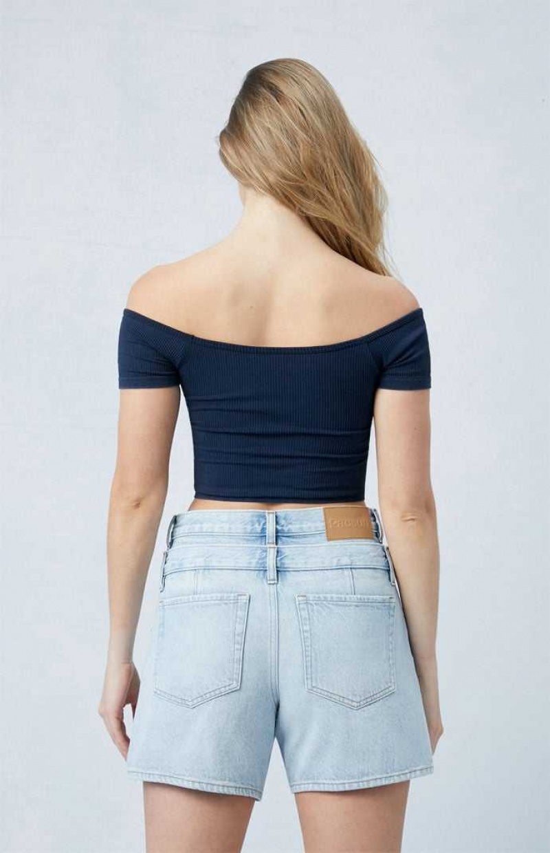 MEDIUM INDIGO PacSun Eco Light Indigo Double Waistband High Waisted Relaxed Jorts | SMBIAPU-87