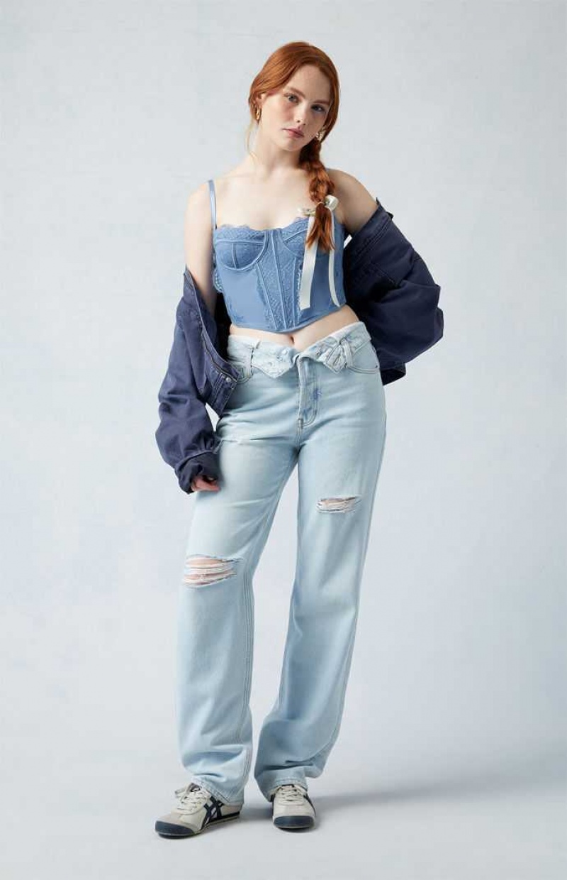 MEDIUM INDIGO PacSun Eco Light Indigo Fold-Over Ripped '90s Boyfriend Jeans | TQNAFDG-98