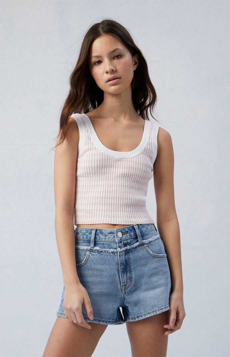 MEDIUM INDIGO PacSun Eco Light Indigo Frayed High Waisted Denim Festival Shorts | JKIHSFP-49