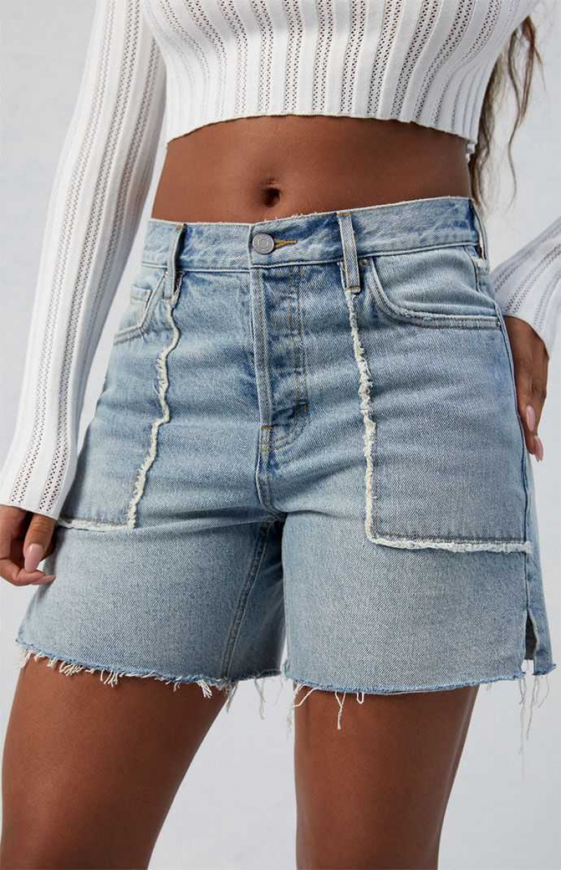 MEDIUM INDIGO PacSun Eco Light Indigo High Waisted Frayed Relaxed Jorts | XWQYBKJ-95