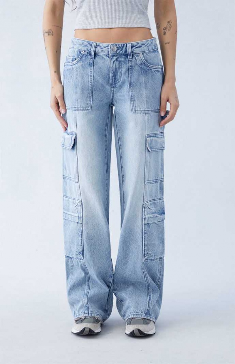 MEDIUM INDIGO PacSun Eco Light Indigo Low Rise Baggy Cargo Jeans | CUZSLQF-95