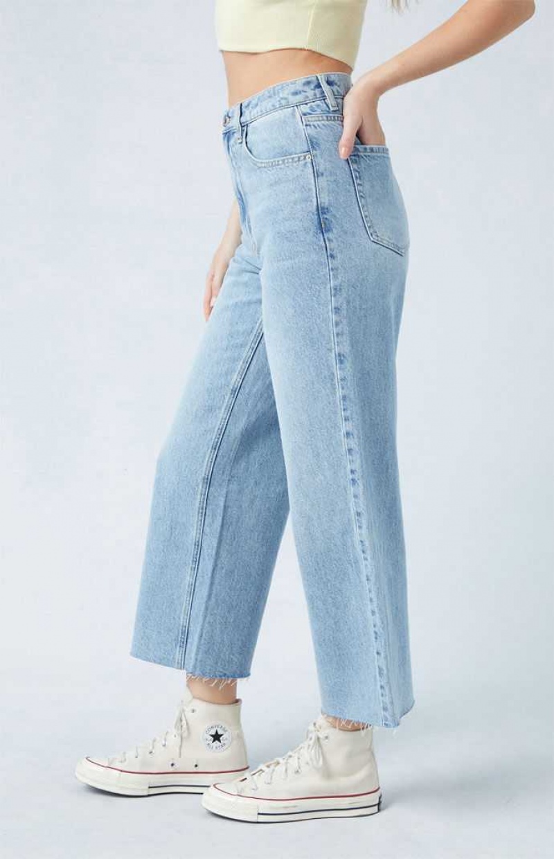 MEDIUM INDIGO PacSun Eco Light Indigo Raw Cut Cropped Wide Leg Jeans | MCSHLUP-47