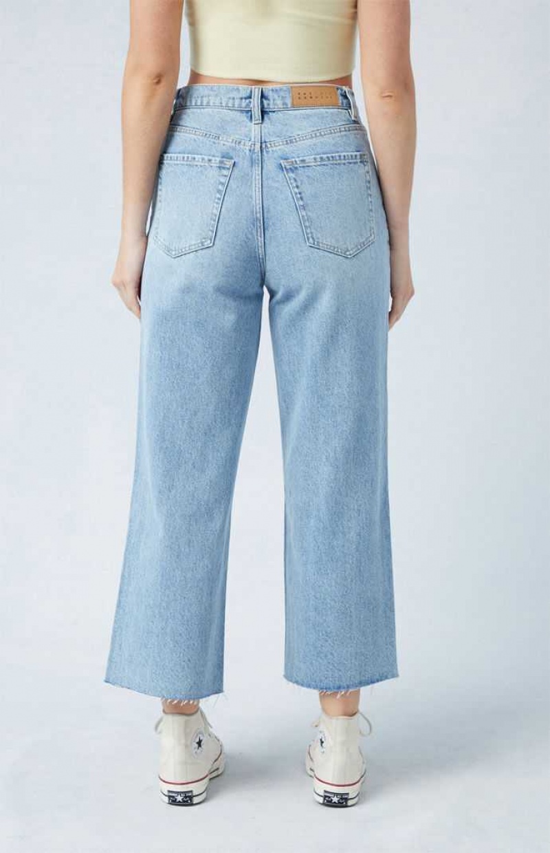 MEDIUM INDIGO PacSun Eco Light Indigo Raw Cut Cropped Wide Leg Jeans | MCSHLUP-47