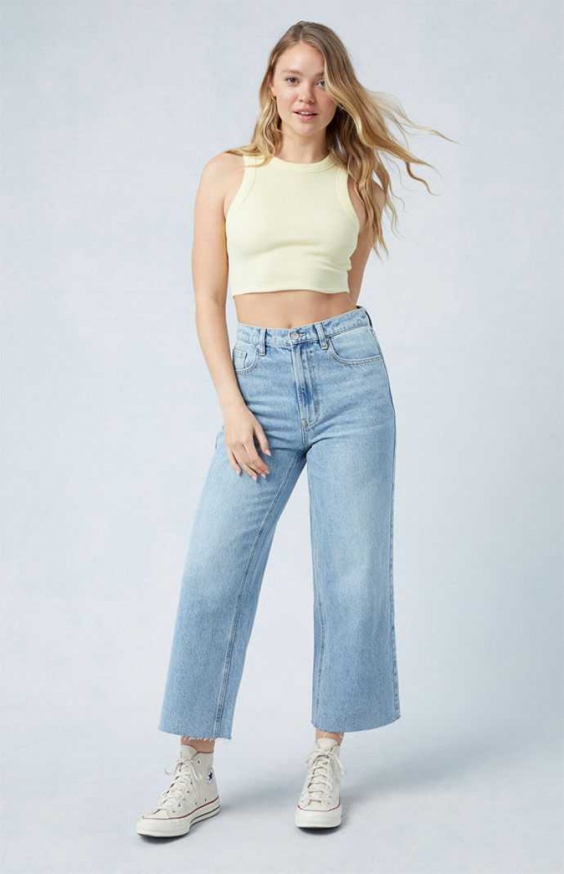 MEDIUM INDIGO PacSun Eco Light Indigo Raw Cut Cropped Wide Leg Jeans | MCSHLUP-47