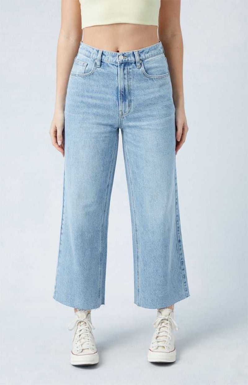 MEDIUM INDIGO PacSun Eco Light Indigo Raw Cut Cropped Wide Leg Jeans | MCSHLUP-47