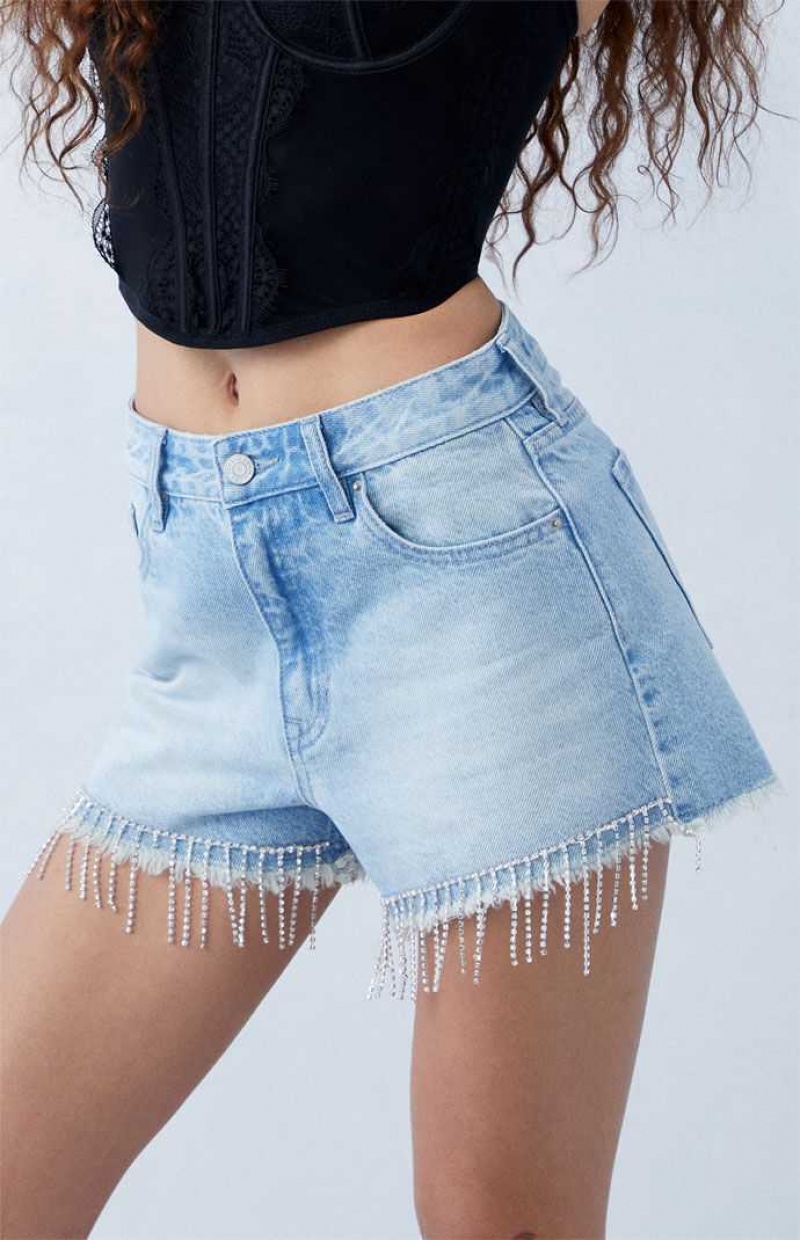 MEDIUM INDIGO PacSun Eco Light Indigo Rhinestone High Waisted Denim Festival Shorts | XENTGJA-19