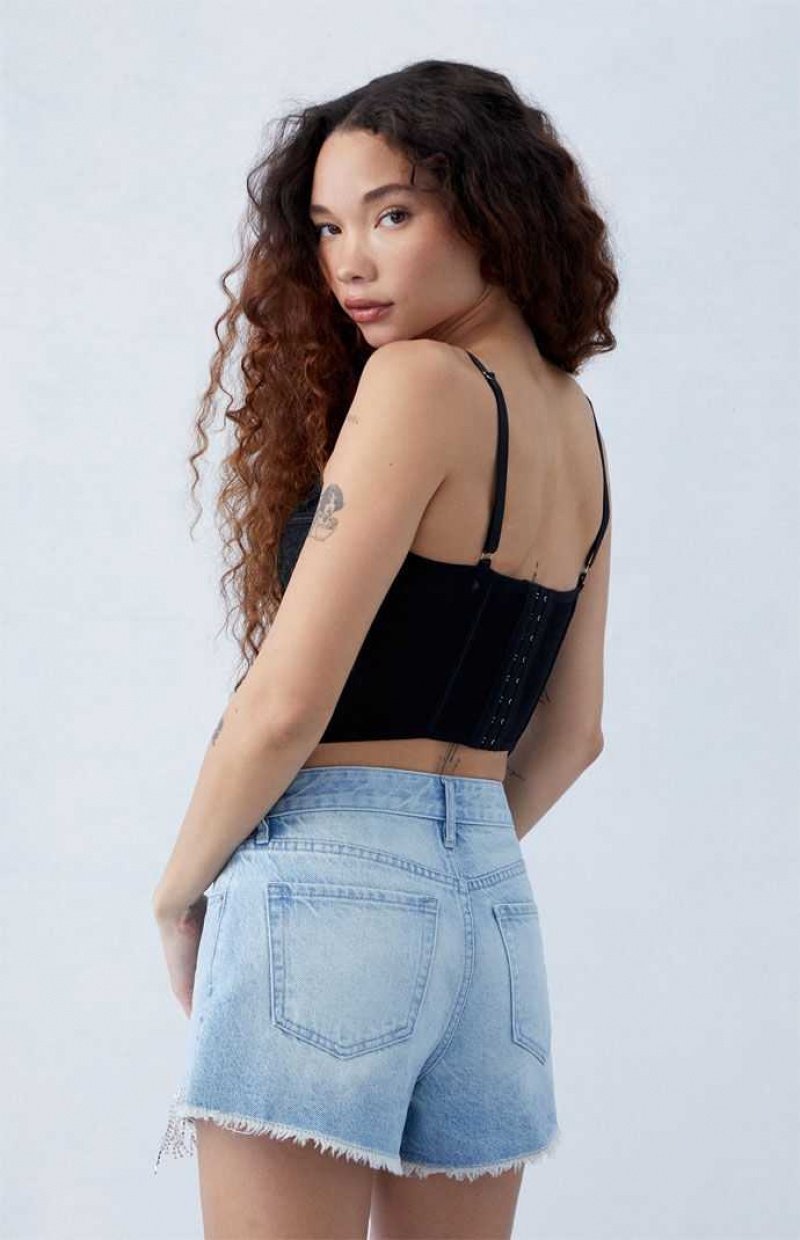 MEDIUM INDIGO PacSun Eco Light Indigo Rhinestone High Waisted Denim Festival Shorts | XENTGJA-19