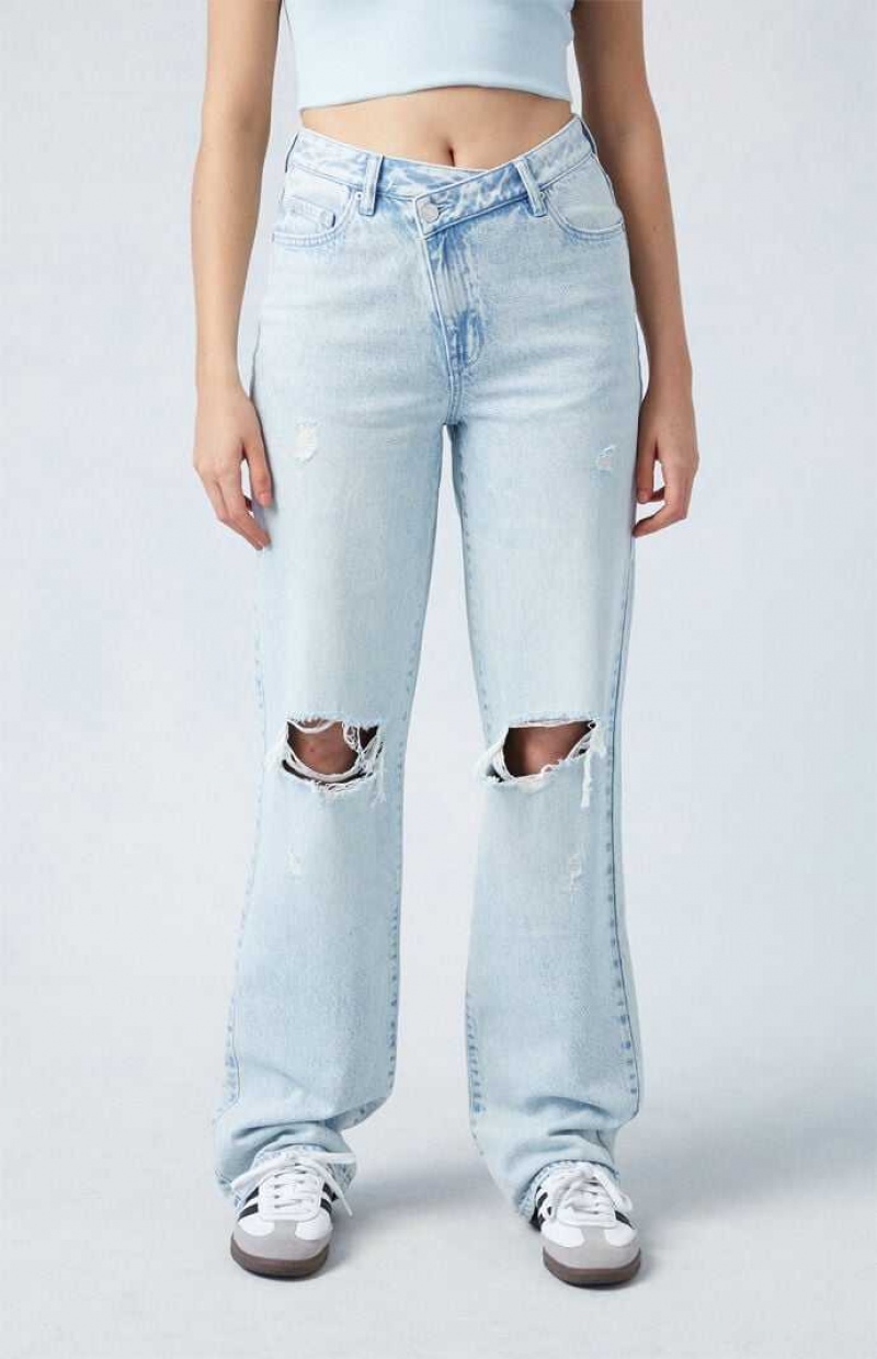 MEDIUM INDIGO PacSun Eco Light Indigo Ripped Asymmetrical Waistband \'90s Boyfriend Jeans | GOWQVTA-92